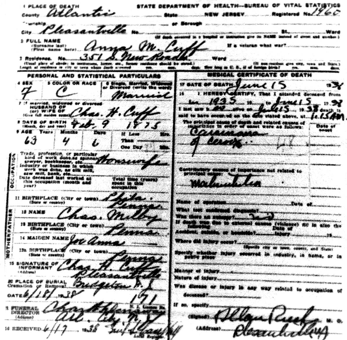Mitsawokett New Jersey death certificates